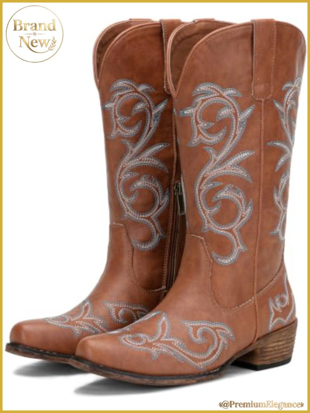 Women's Wide Calf Cowboy Boots Faux Leather Embroidered Mid Calf Western